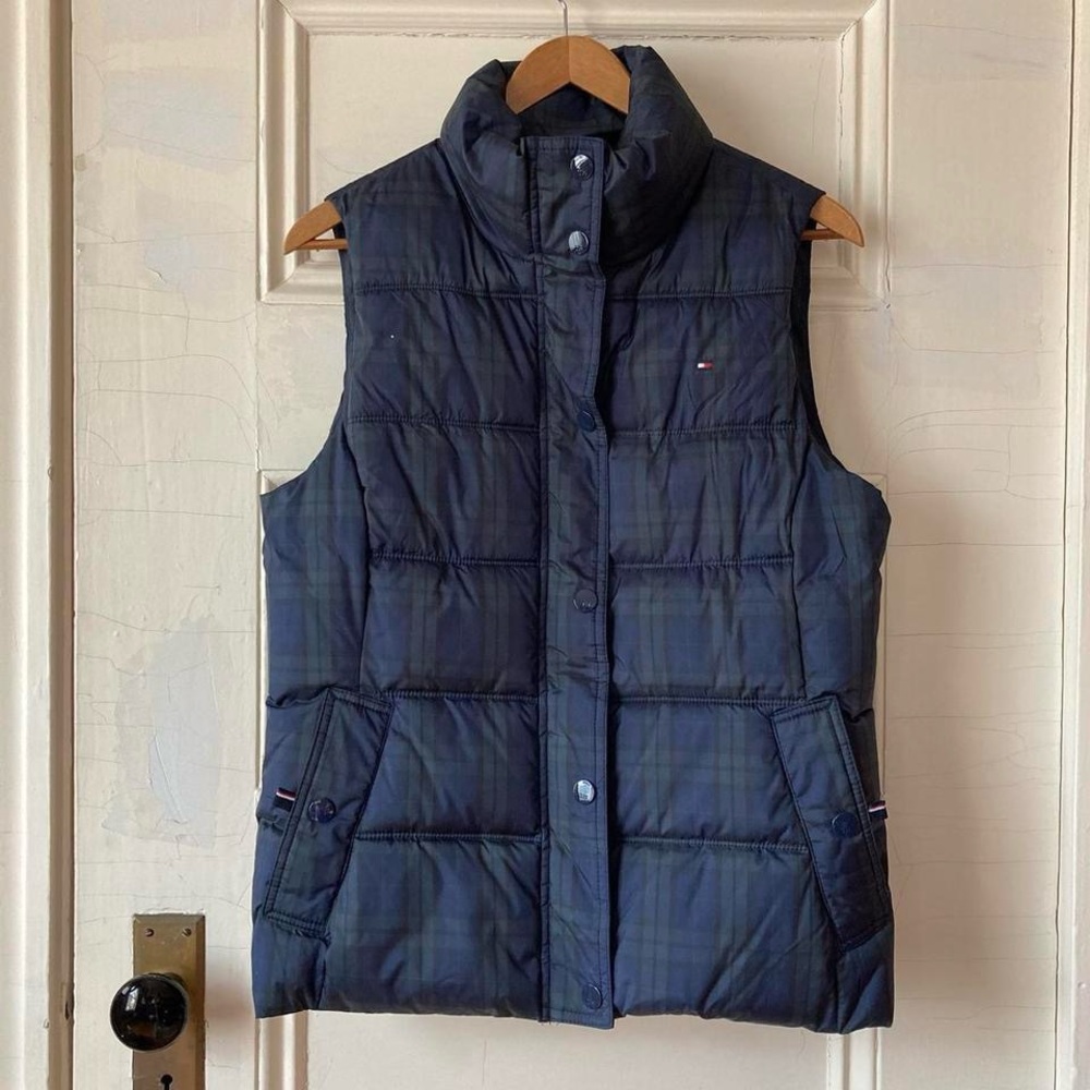 Tommy Hilfiger green blue plaid puffy vest small